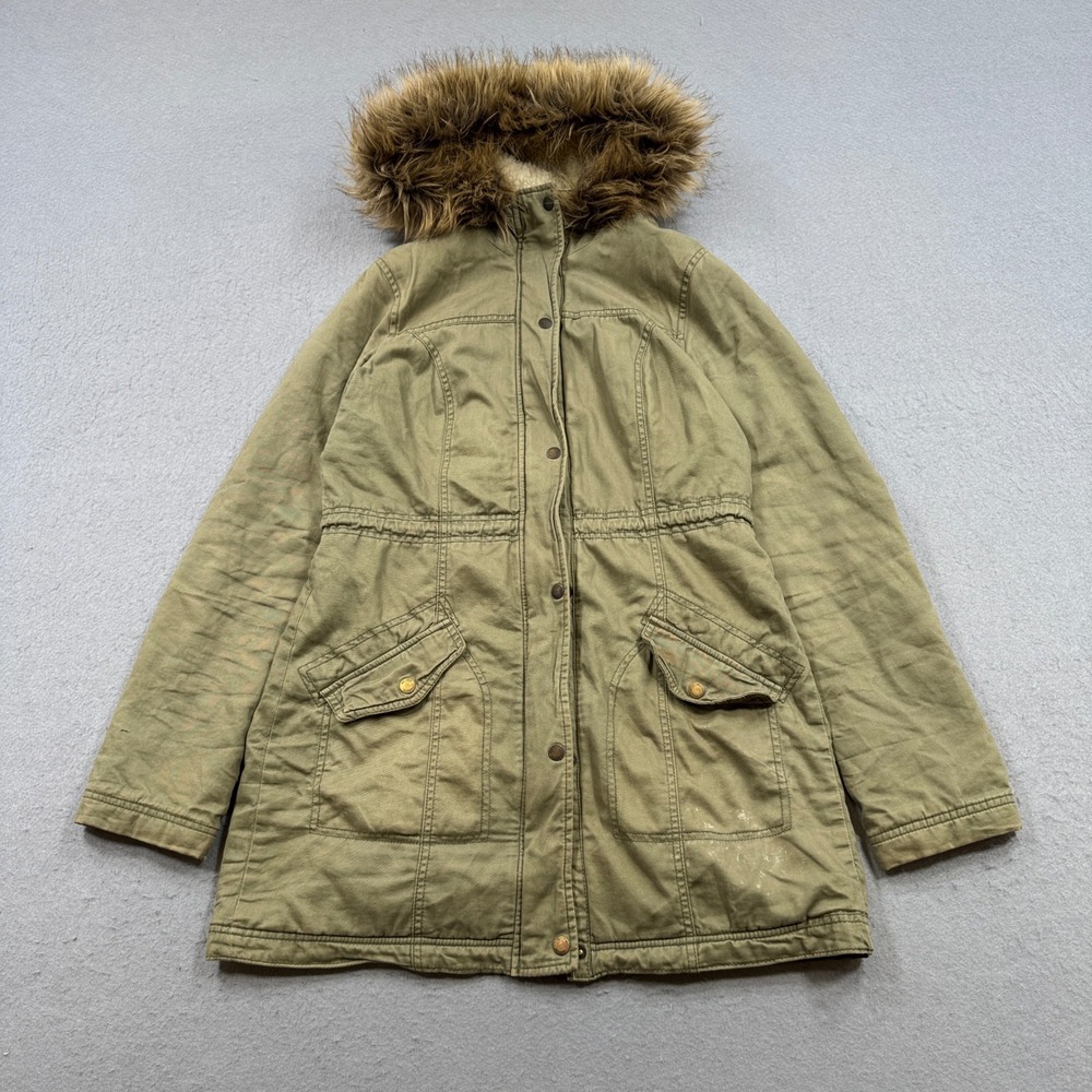 Hollister Parka Jacket Women's Large Olive Green Sherpa Lined Faux Fur Hood Coat